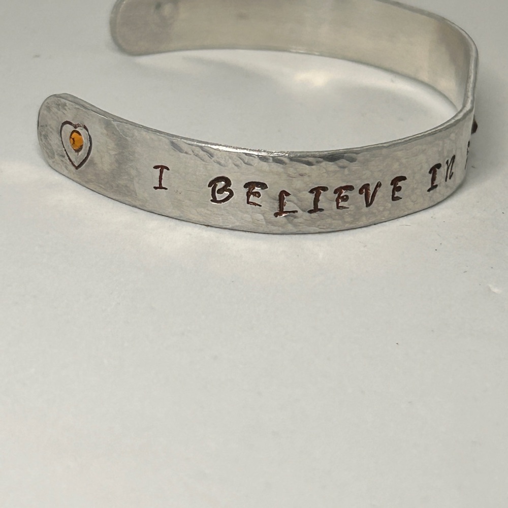 Unique Handcrafted Silver Cuff Bracelet  “I BELIEVE IN LOVE AT FIRST SIGHT “